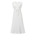 thumbnail image 4 of Franhais Women Temperament Long Dress, Solid Color Ruffle Sleeve V Neck Pleated Chiffon Dresses with Waistbelt, 4 of 7