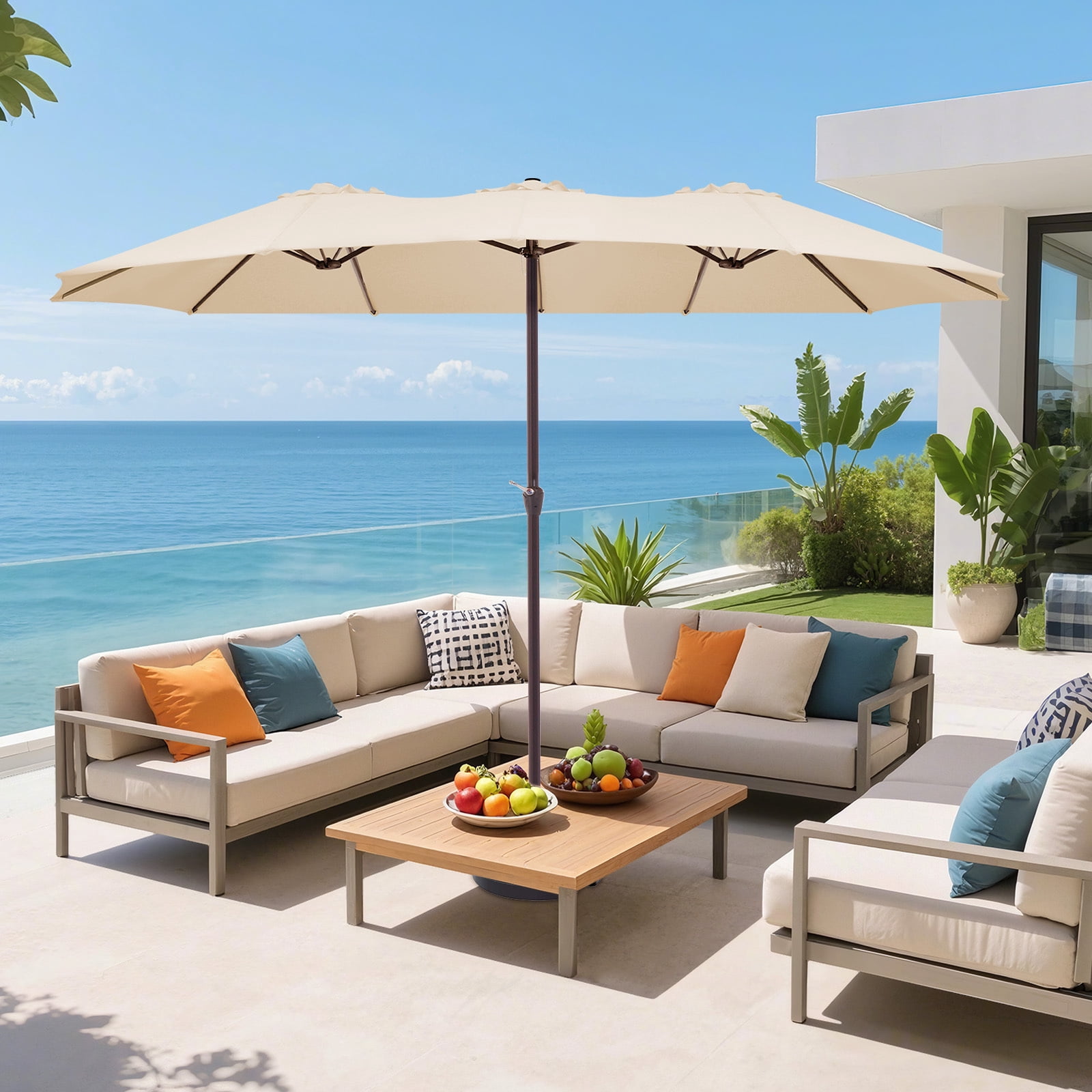 FUNDAZE 15ft Double-Sided Patio Umbrella Large Outdoor Cantilever Umbrella with Crank, Rectangular Sun Shade for Poolside Deck Garden,Beige