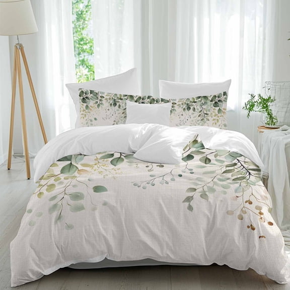 3 Piece Sage Green Eucalyptus Duvet Cover Set Queen Size,Microfiber Comforter/Quilt Cover with Corner Ties and 2 Pillowcases,Traditional Tree Branch Leaf Plant All Season Bedding with Zipper Closure