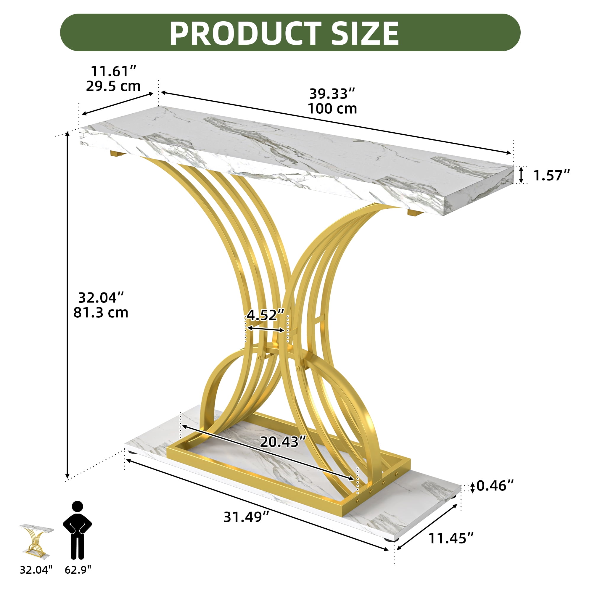 Uforic Luxury Console Entryway Table with Metal Base, Sofa Side Table, White & Gold
