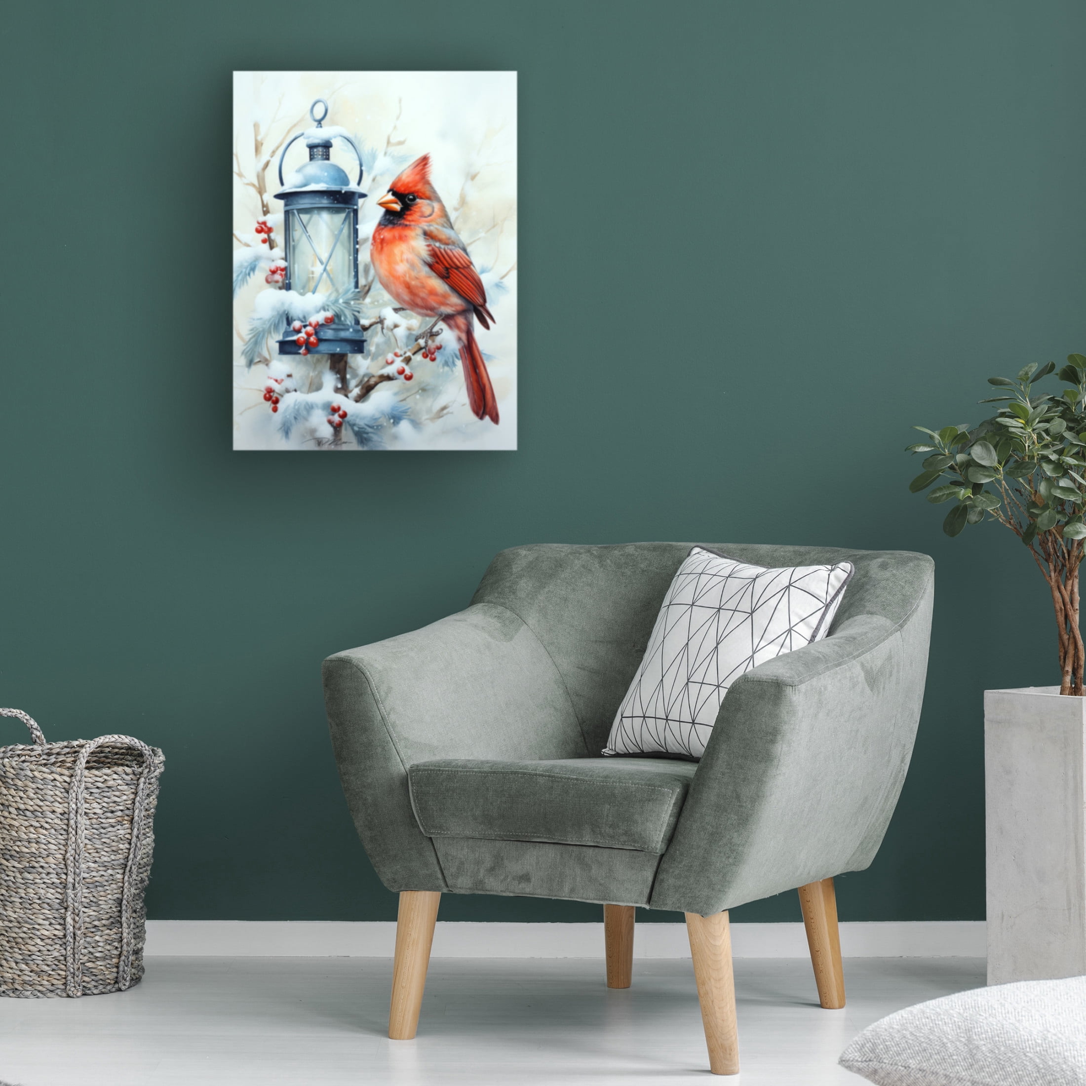 Canvas Wall Art - Momart 'Winter Lanterns With Birds 3' Wall Art for Living Room, Bedroom, or Office Décor by Trademark Fine Art - 35 x 47 Inches