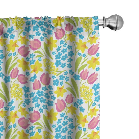 Ambesonne Floral Curtains, Spring Daffodil Tulip Mimosa, Pair of 28"x63", White and Multicolor