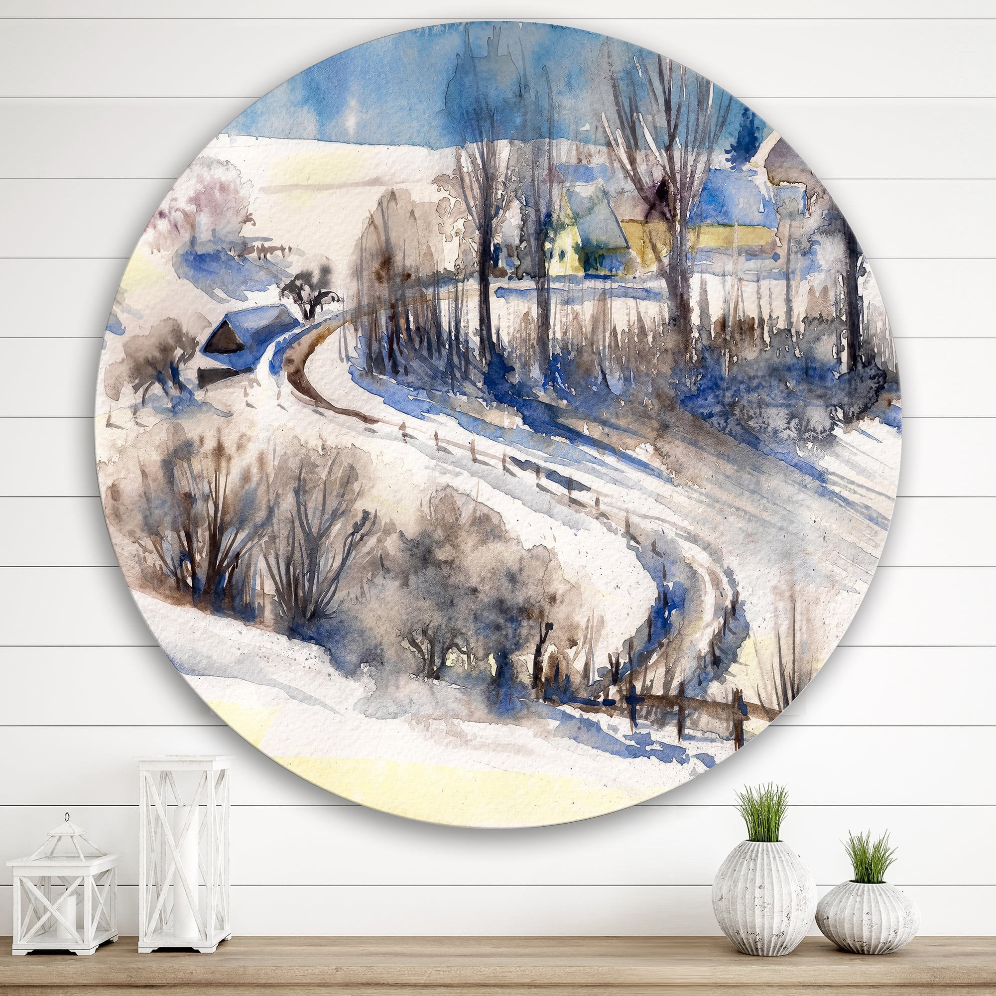 Designart 'Country Road In Winter Times Landscape I' Traditional Circle Metal Wall Art 29x29 - Disc of 29