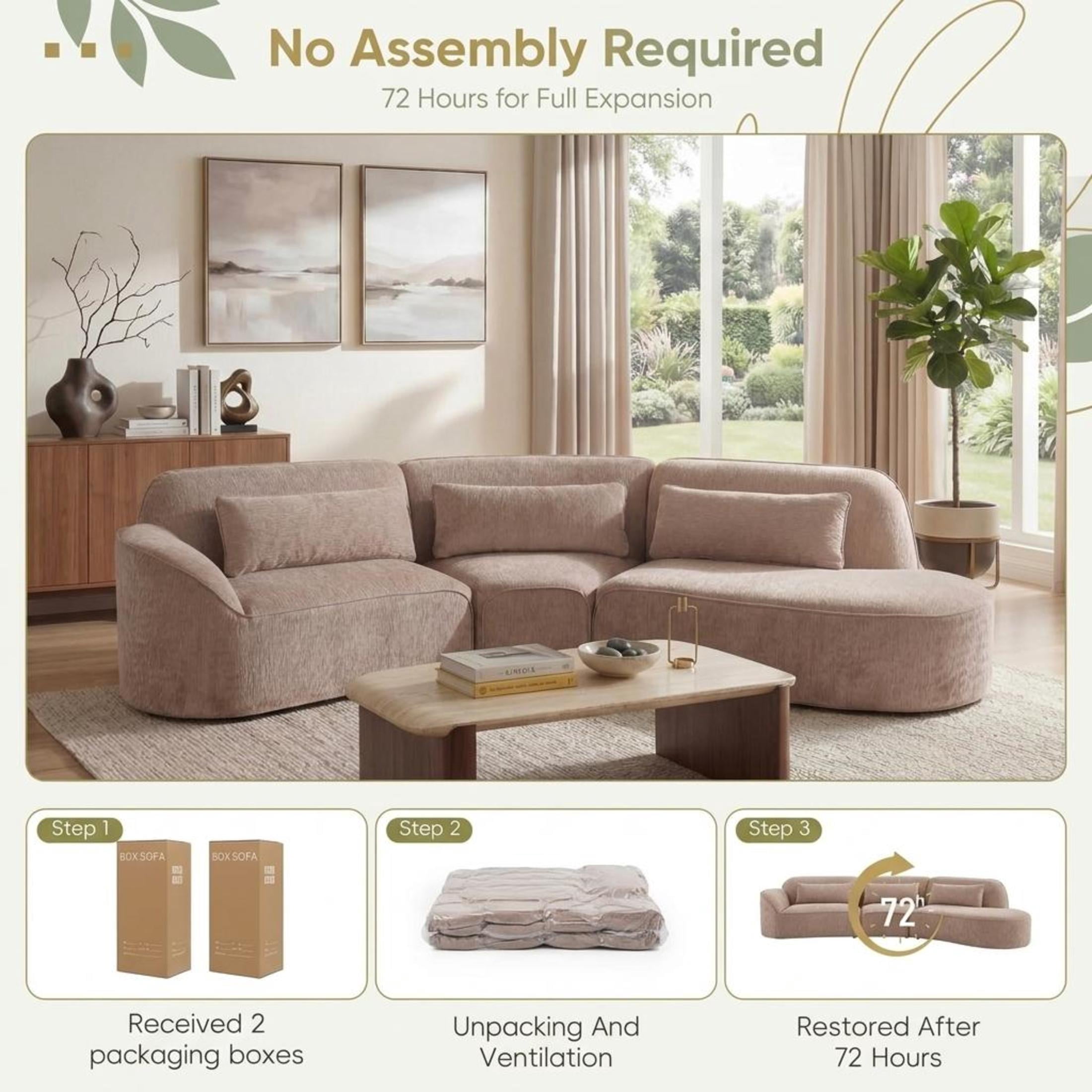Christopher Knight Home 123" Modern Curved Compressed Sectional Sofa, 4 Seats Modular Couch, Light Brown