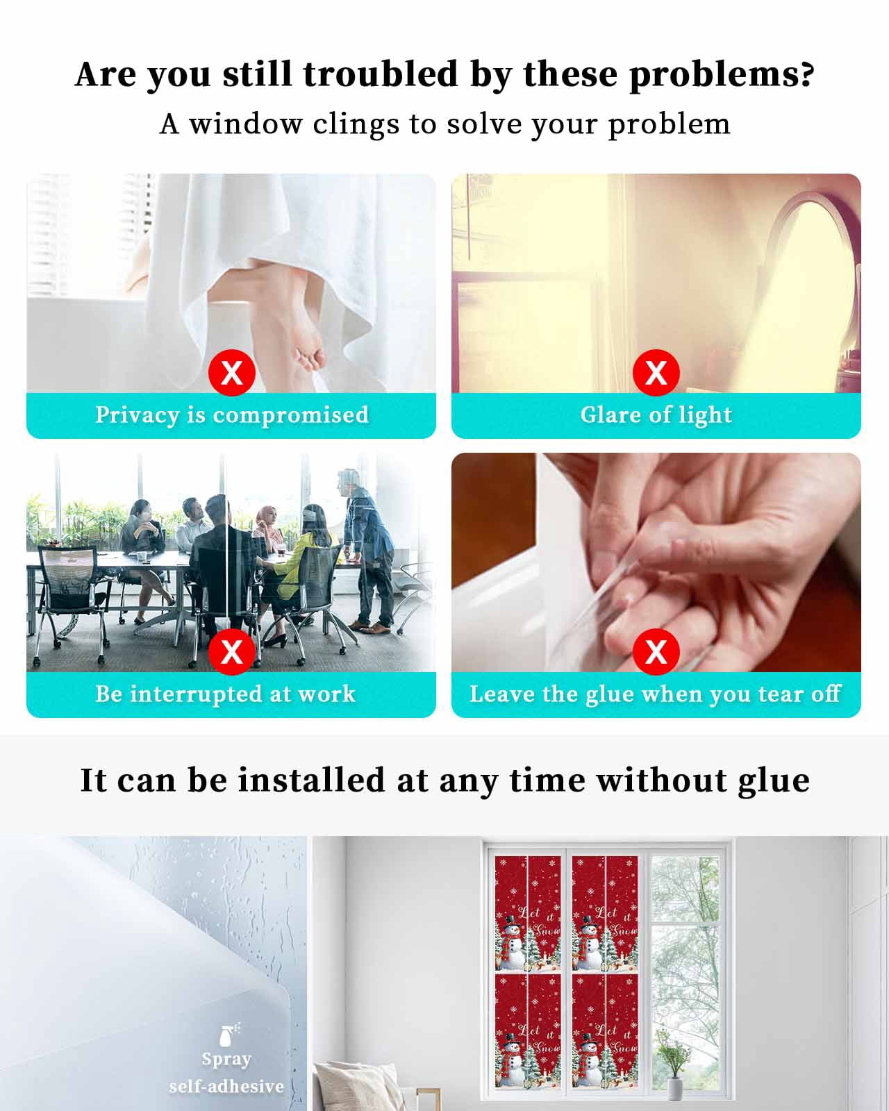 Red Snowman Christmas Window Privacy Film Stained Glass Window Film Decorative Windows Cover Static Windows Cling for Glass Door Xmas Tree Snowflake Gifts Stickers for Bathroom 29.5"x118"