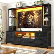 EnHomee 65" TV Stands for Living Room Entertainment Wall Unit with 11 Fabric Drawer TV Console Table with LED Lights & Power Outlets,Black