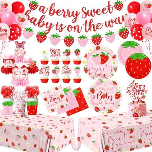 Strawberry Baby Shower Decorations for Girls, 190Pcs A Berry Sweet Baby is on the Way Party Supplies with Plates, Napkins, Cups, Banner, Tablecloth, Balloons, Cake Toppers, Honeycombs Serve 24