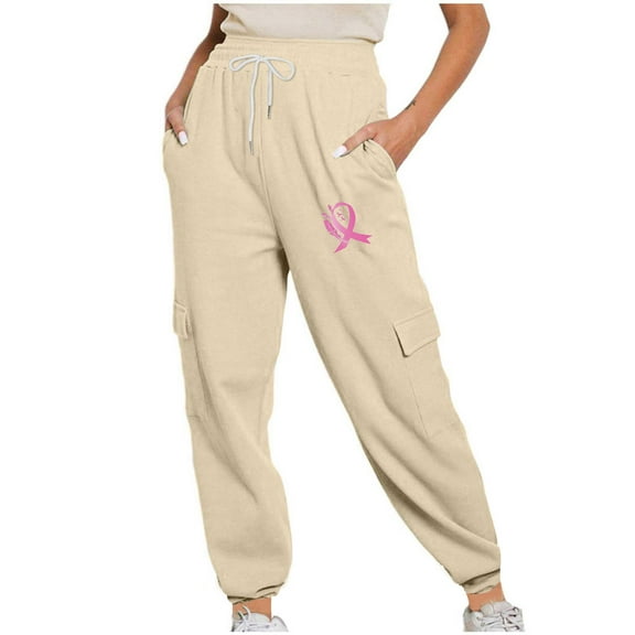 AGWOLF Womens Breast Cancer Awareness Sweatpants Casual High Waist Barrel Cargo Pants Running Hiking Workout Joggers