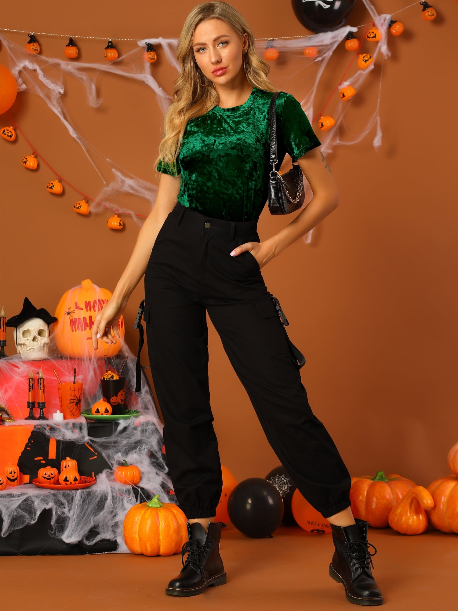 DARING DIVA Women's Velvet Blouse Tops Crew Neck Short Sleeve T-Shirt L Green