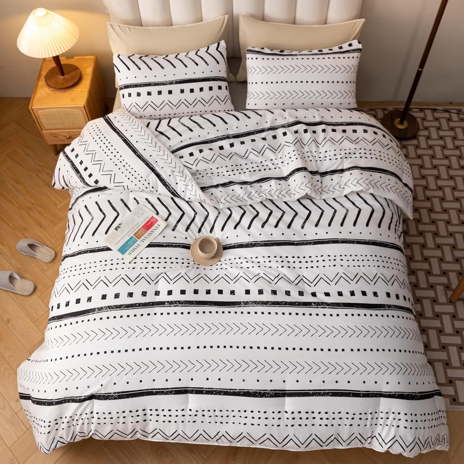 BBSET 3 Pcs Queen Boho Duvet Cover, Black Geometric Pattern Printed on White Bohemian Comforter Cover Bedding Set