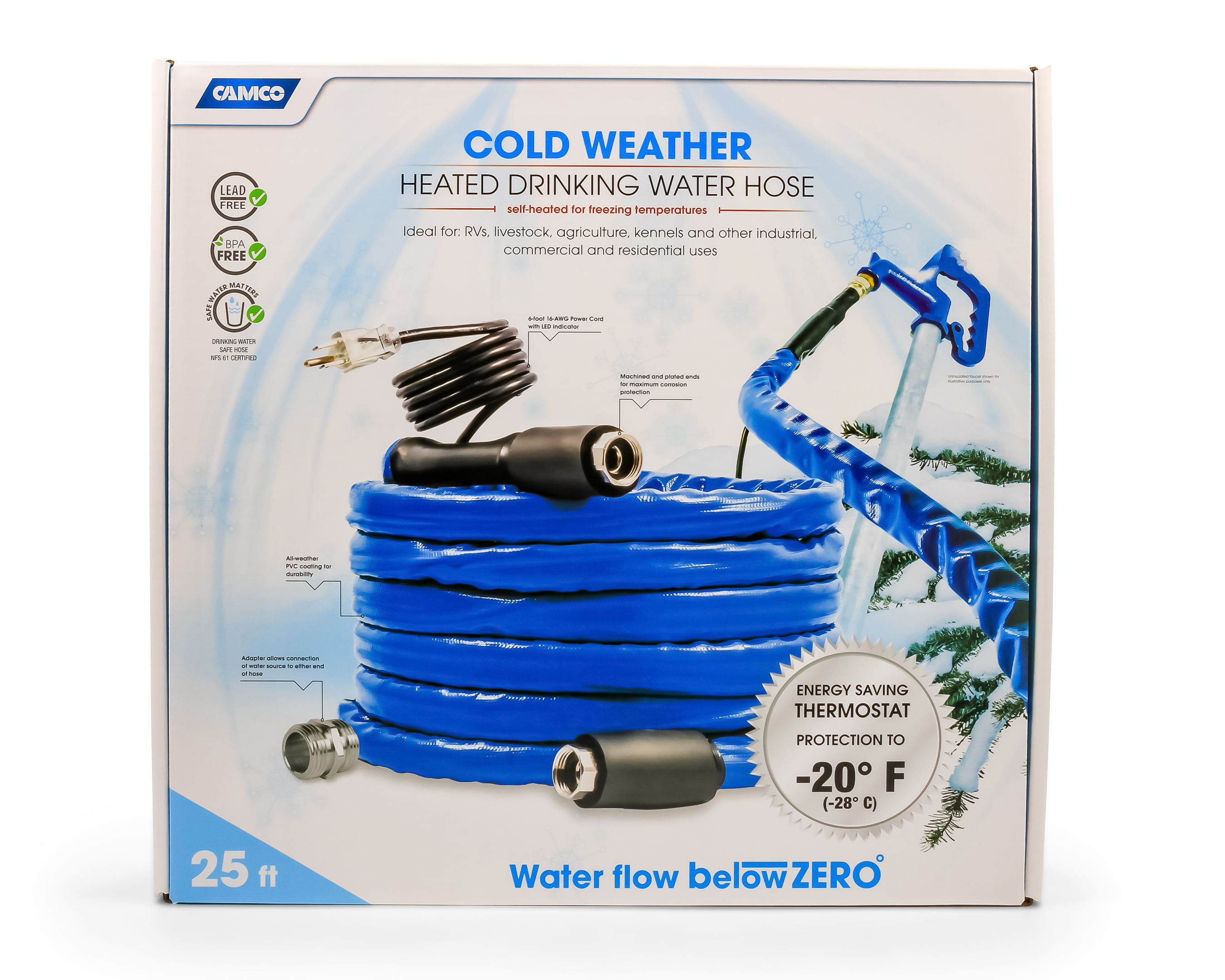 Camco TastePURE 25' Heated Drinking Water Hose, Freeze Protection Down Camco Tastepure Heated Drinking Water Hose Stores