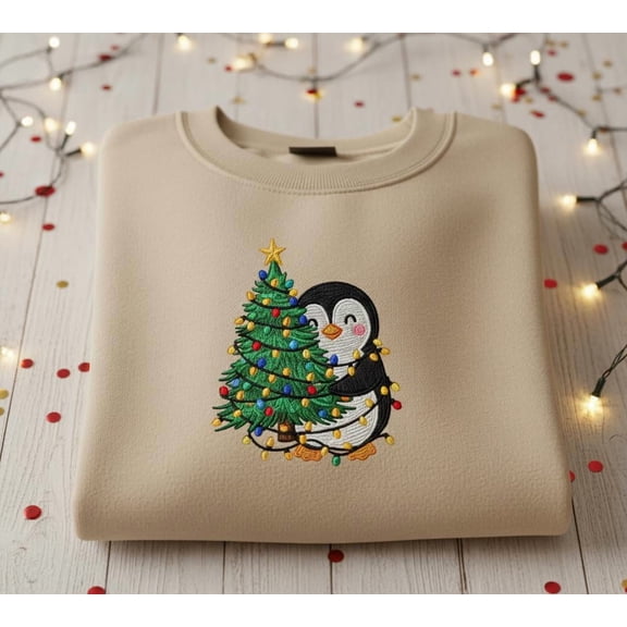 Custom Penguin Christmas Tree Embroidered Sweatshirt, Cute Holiday Crewneck, Cozy Winter Gift for Her or Kids