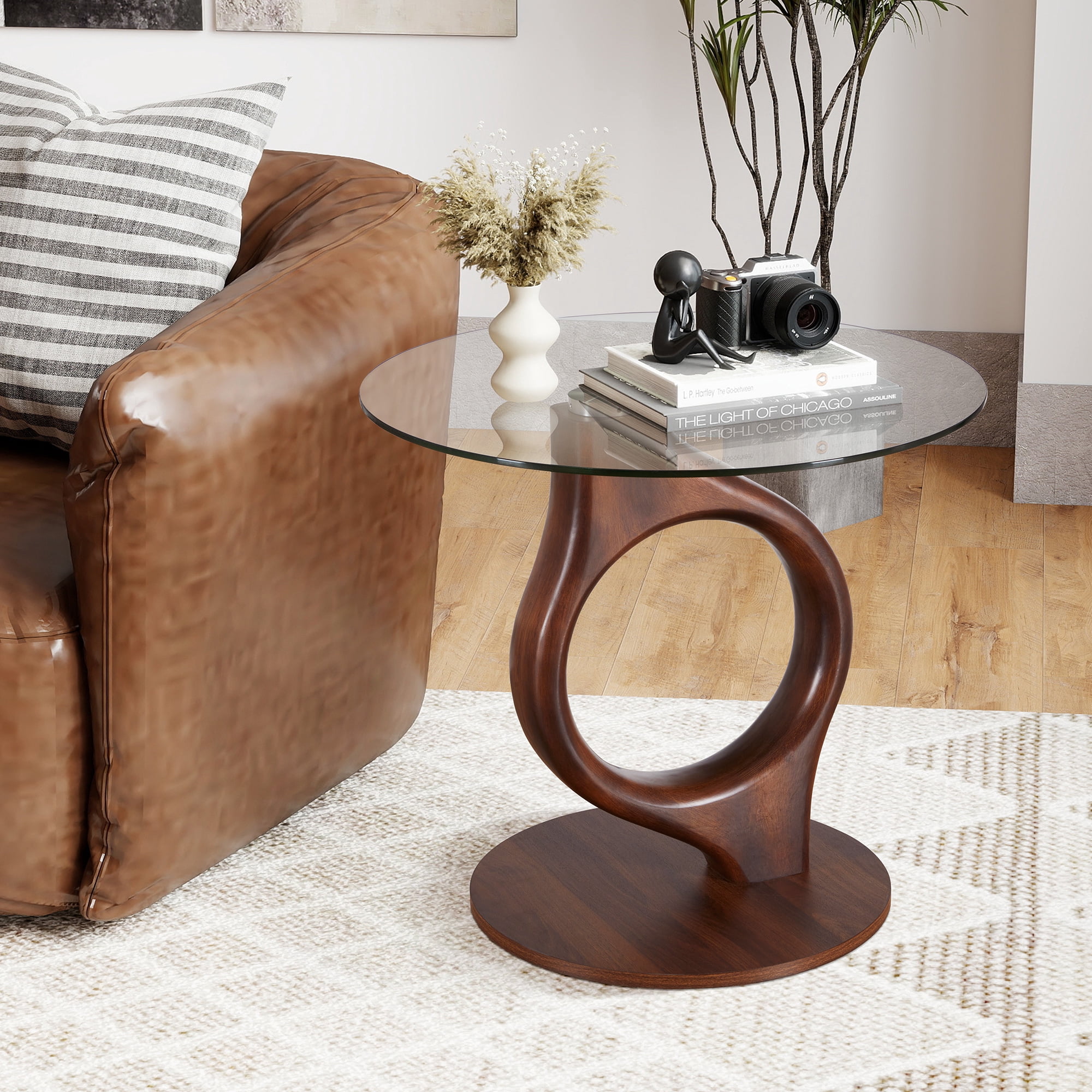 Wirrytor 27.55" Round Glass Coffee Table, Mid-Century Modern Side Table with Wood Base and Tempered Glass Top, Brown
