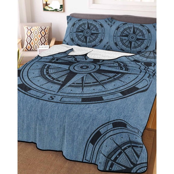 Blue Compass Nautical Queen Size Down Alternative Comforter, Lightweight Comforter Quilt Bedding Set with Pillow Shams Coastal Vintage All Seasons Bed Comforter Duvet Insert 90"x96"