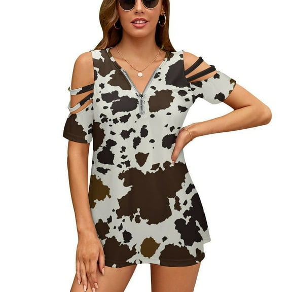 Cowhide Pattern Womens Summer V Neck Zipper Top Short Sleeve T Shirt Off Shoulder Top Casual Classy Loose Shirts