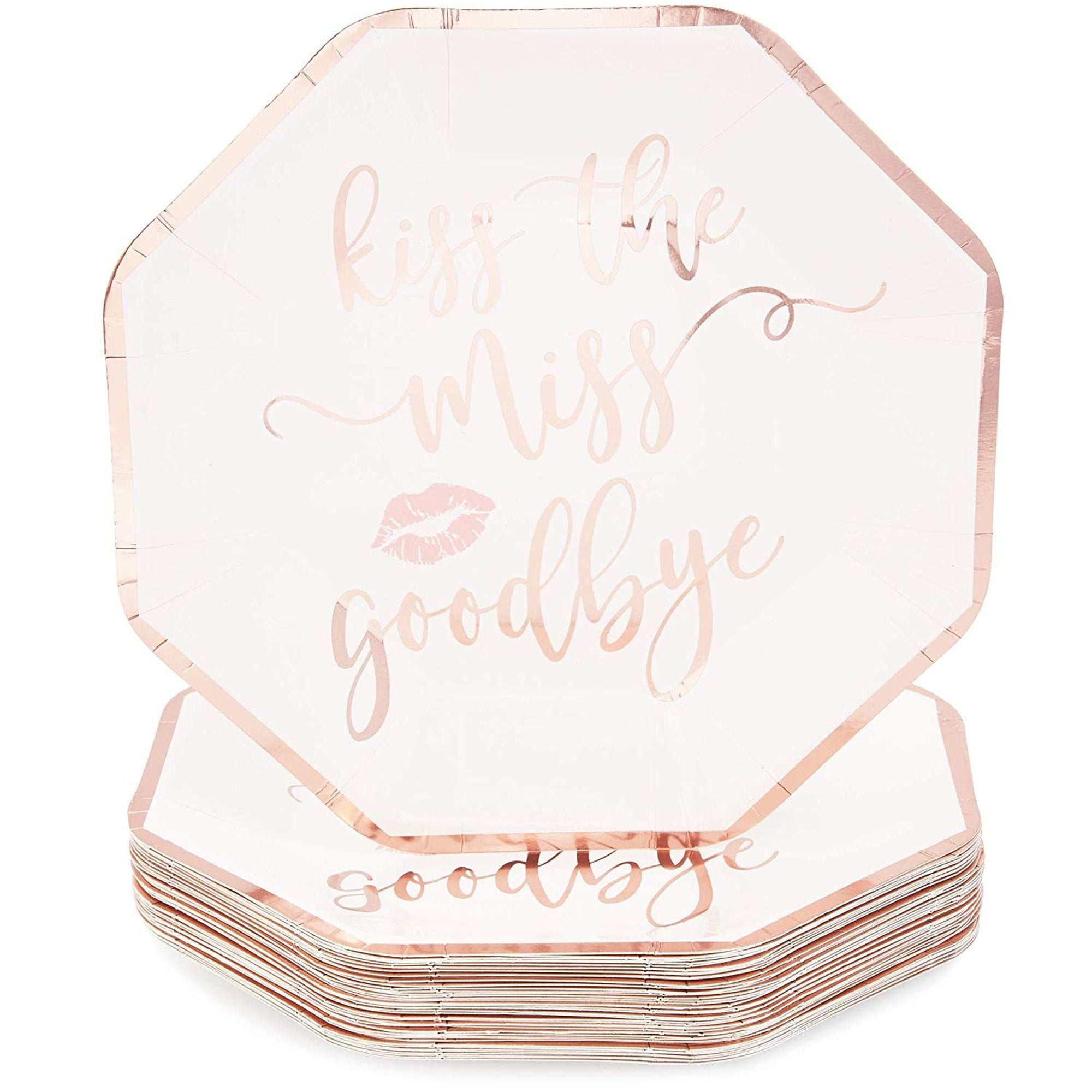 48 Packs Kiss the Miss Goodbye Rose Gold Paper Plates 9" for Bachelorette Party