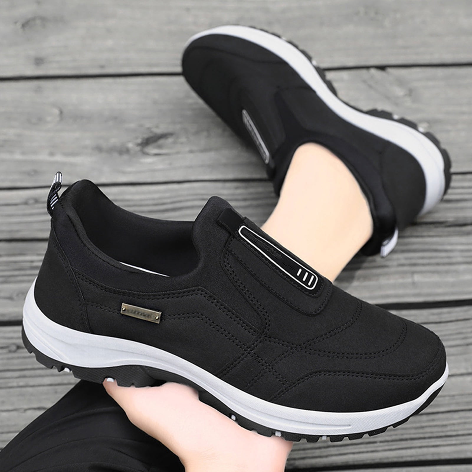 NexTorq Mens Lightweight Sneakers, Mens Casual Shoes, Orthopedic Shoes Men's Slip-On Lightweight Work Shoes for Outdoor Hiking Waterproof Canvas Walking Shoes with Arch Support Black 9