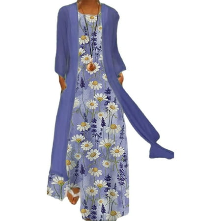 

Ziloco Women Plus Size Dress Flower Print Long Sleeve ONeck Dress Casual Coat Two-Piece scrub jackets for women