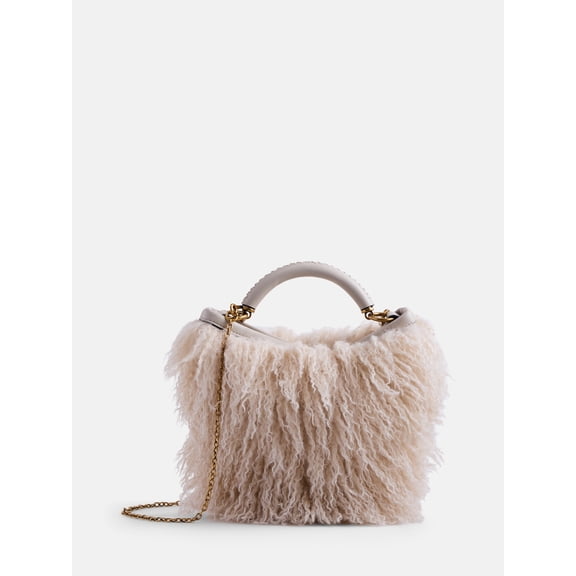 Scoop Women's Chain Top Handle Mini Faux Fur Bag, Beige