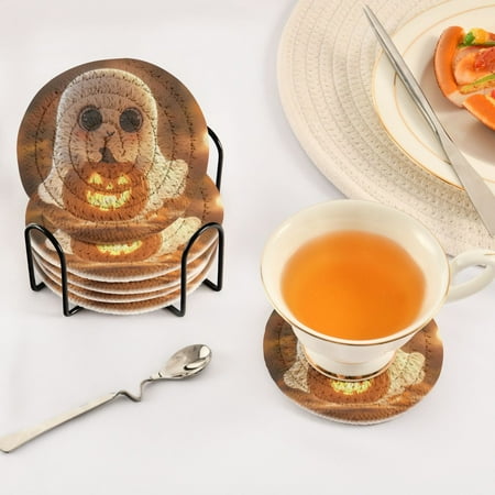 

Happy Halloween Ghost Set of 6 Durable Woven Polyester Coasters with Black Storage Rack 4in