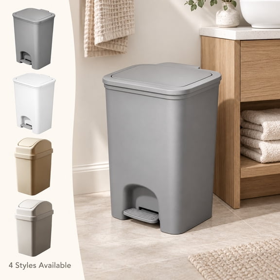 Wodellrrea Compact Covered Plastic Household Trash Cans Pedal Lid Plastic Garbage Can & Wastebasket, Gray