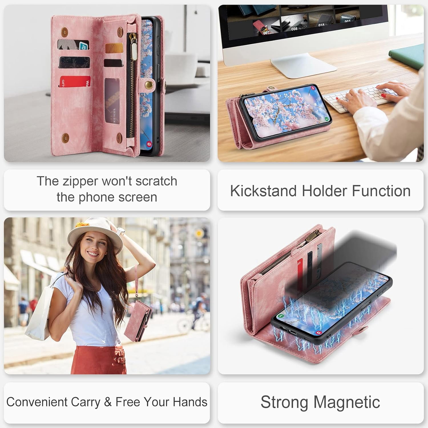 Phone Case for Samsung Galaxy A14 5G Zipper Wallet Detachable Cover with Tempered Glass Screen Protector and Leather Flip Credit Cash Card Holder Cell Accessories A 14 4G 14A G5 Women Men Pink