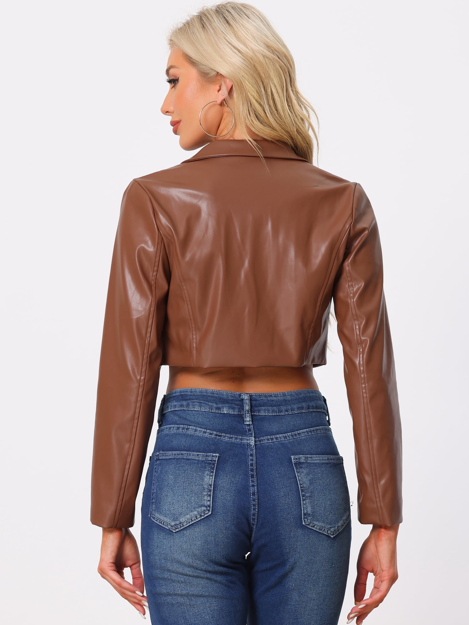 DARING DIVA Women's Single Breasted Blazer Moto PU Fashion Jacket S Brown