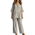thumbnail image 2 of Women's Two Piece Short Sets Ndbuld Women’s Fashion Pinstripe V- Neck Short Sleeve Elastic Waist Pocket Long Pants Sets Yellow XXL, 2 of 5