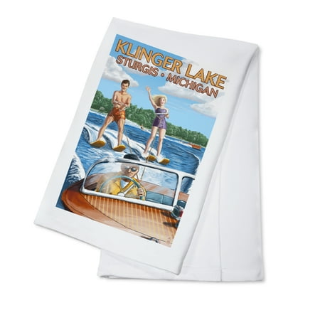 

Klinger Lake Sturgis Michigan Water Skiing and Wooden Boat (100% Cotton Tea Towel Decorative Hand Towel Kitchen and Home)
