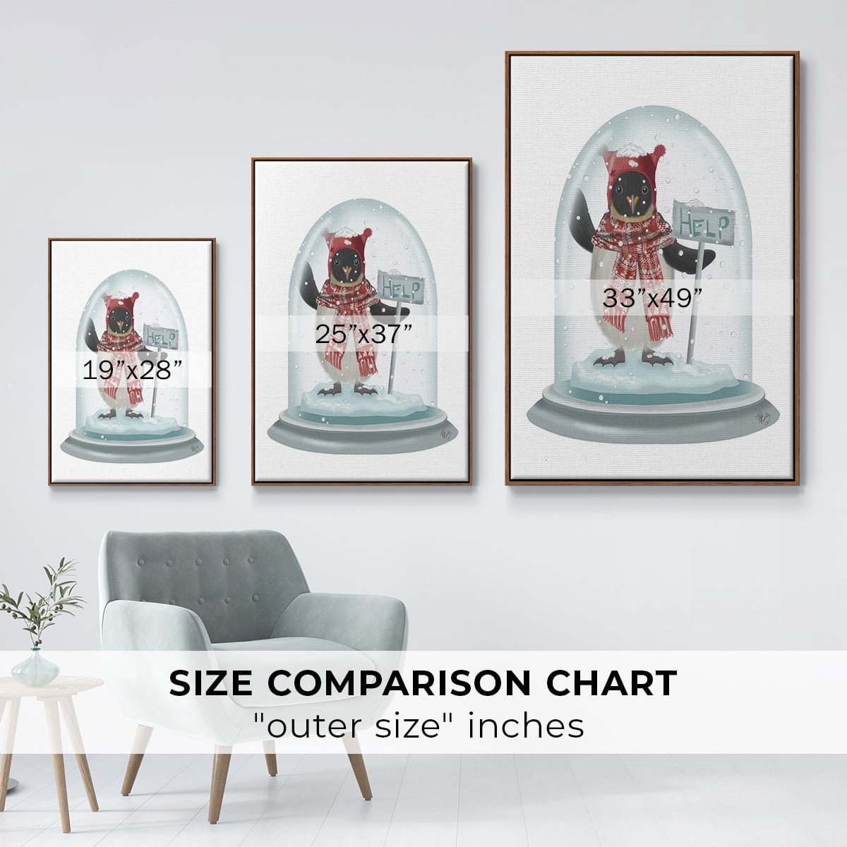 Christmas Penguin Snow Globe - Framed Gallery Wrapped Holiday Canvas - 27 x 41 - Rosewood Frame