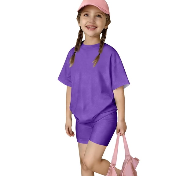 GiLiling Girls Short Sets Two Piece Outfits Summer Short Sleeve Soft T-Shirt and Lightweight Slim Shorts Comfy Sweatsuit (Purple, 7-8 Years)