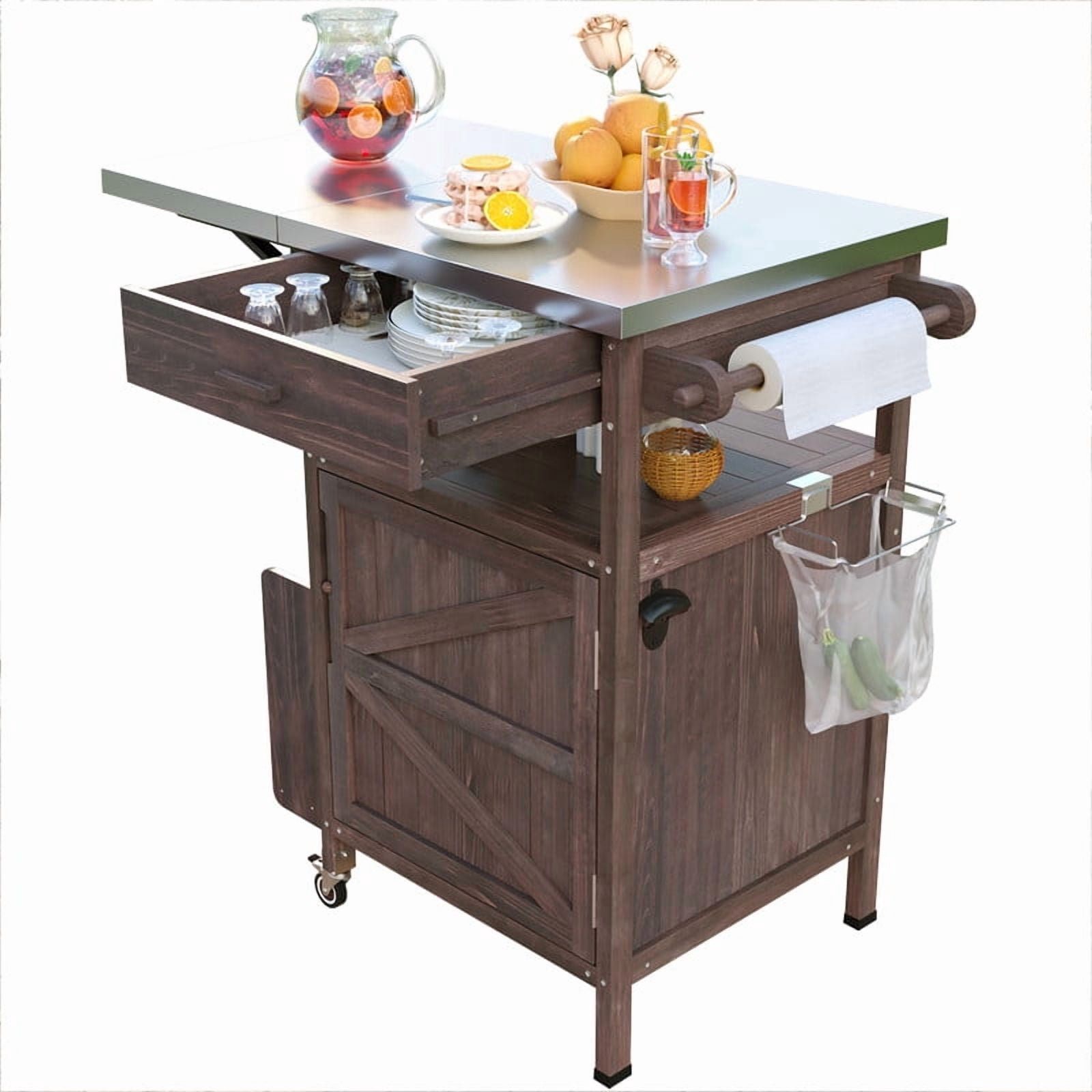 Outdoor Grill Cart with Stainless Steel Top, Wood Kitchen Island Storage Cabinet with Drop Leaf and 1 Drawer, Rolling Kitchen Cart with Lockable Wheels