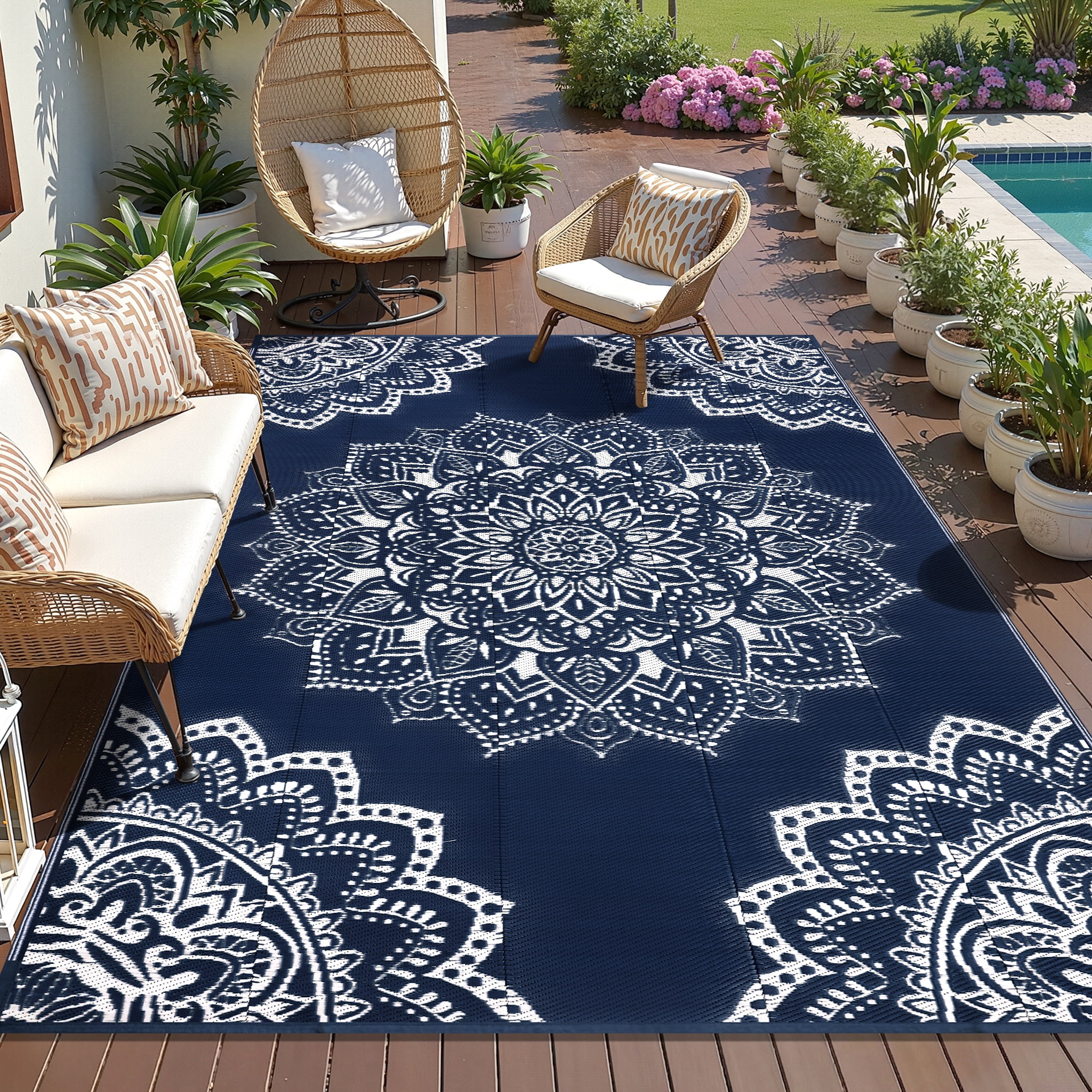 Findosom 6'x9' Outdoor Rug Large Patios Rug RV Outdoor Rug Waterproof Foldable Portable Camping Rugs Reversible Plastic Straw Rug Outdoor Area Rug for Camping, RV, Balcony, Patio, Picnic, Beach Blue