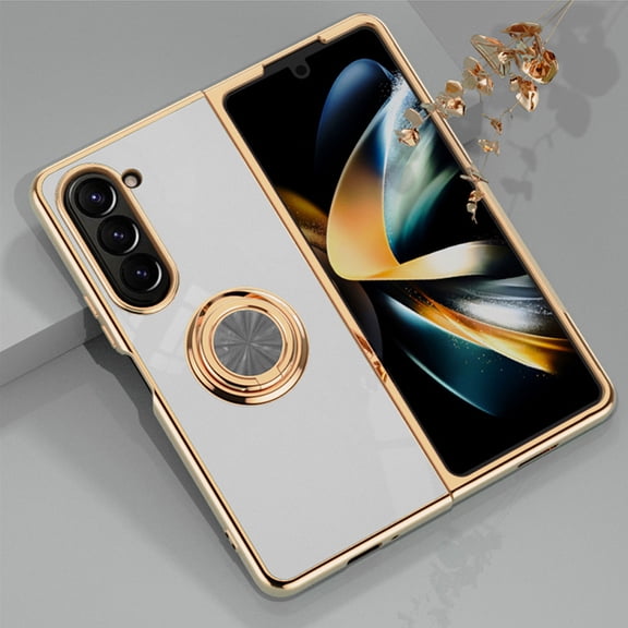 Design for Samsung Galaxy Z Fold 6 5G, Soft TPU Edge Plating 360 Degree Rotation Ring Holder Kickstand Protective Anti-Scratch Cover Magnetic Work with Car for Samsung Galaxy Z Fold 6, White