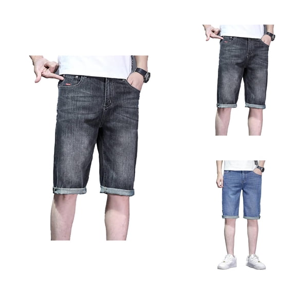 Knee Length Jean Shorts for Men Summer Lightweight Breathable Straight Leg Stretch Slim Fit Denim Shorts with Pockets