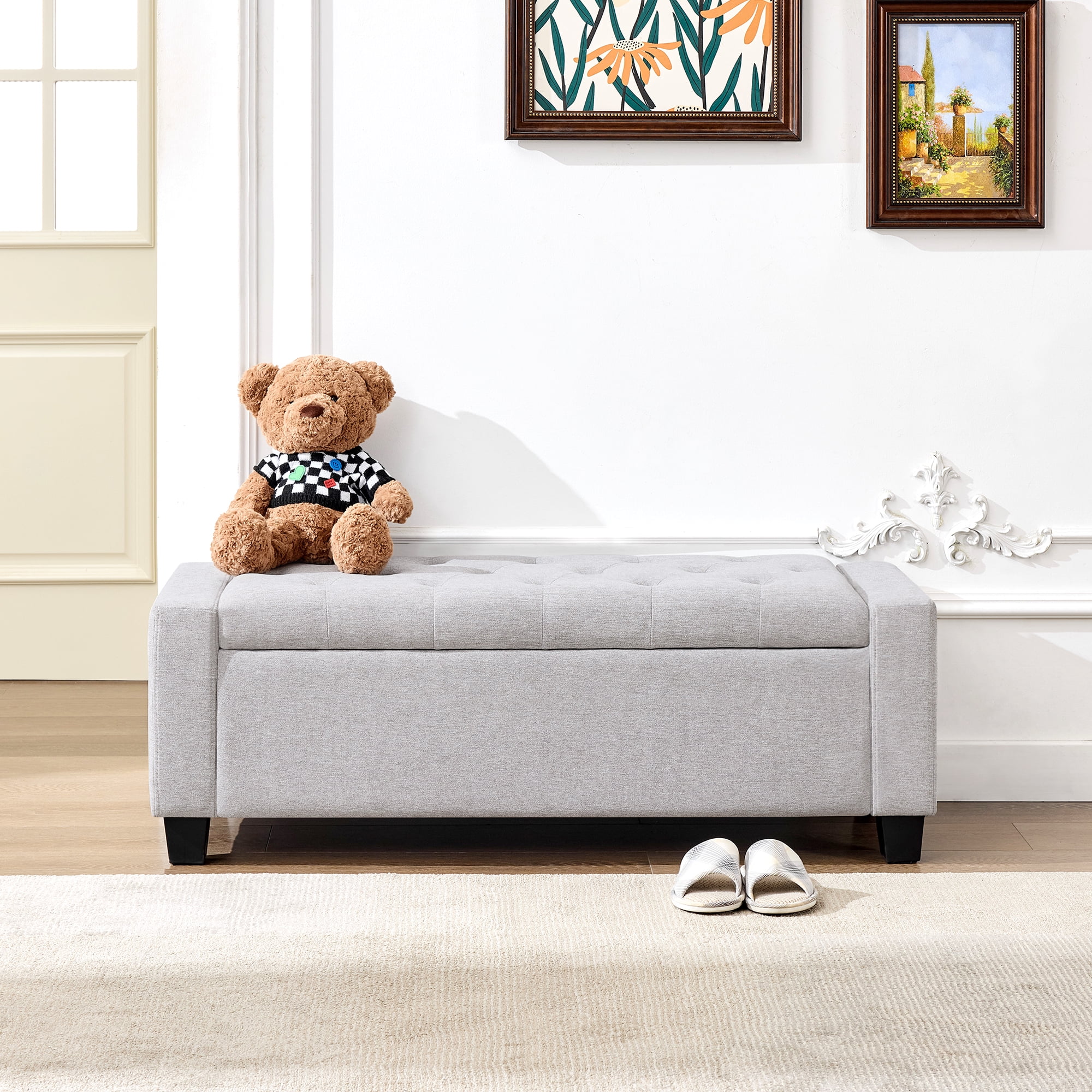 Huatean Home 48" Ottoman Storage Bench Upholstered with Safety Hinge, Light Gray