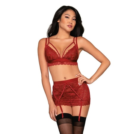 

Dreamgirl Scalloped Lace Bralette Garterskirt & G-String Set with Studded Strapping