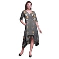 thumbnail image 1 of Bimba Cotton Gray Leaves & Flower Floral Women s V Neck Asymmetrical Pocket ShiftÂ&nbsp;DressÂ&nbsp;Short Sleeve MidiÂ&nbsp;Dress-Small, 1 of 4