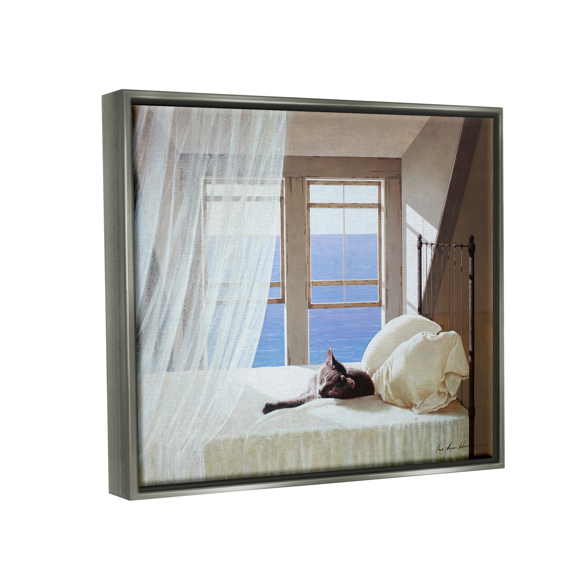 Stupell Industries Cat Resting on White Oceanside Bed Nautical Painting Luster Gray Framed Floating Canvas Wall Art, 16x20, by Zhen-Huan Lu