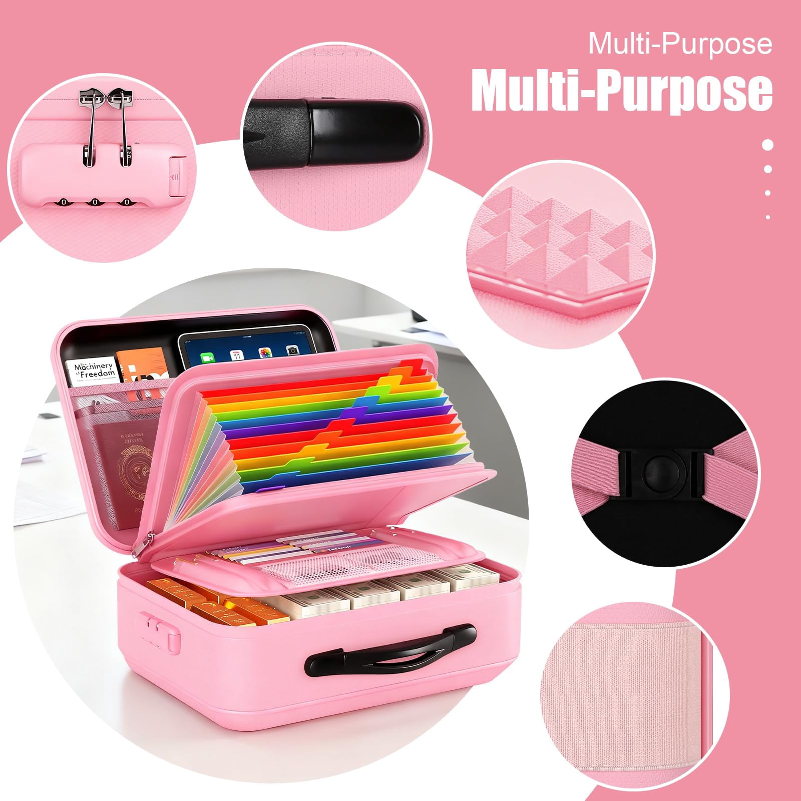 TeSabMi Fireproof Document Box with Lock, 5200°F Fire Proof Safe for Home Documents, Hard-Shell Fireproof & Waterproof Safe Box for Important Files Pink