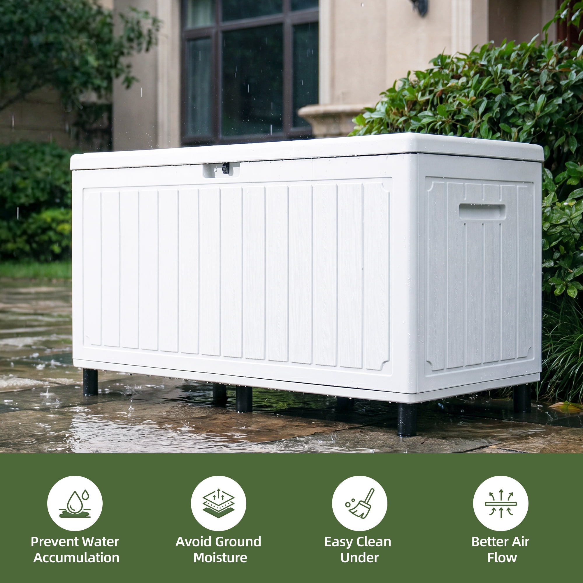 Uforic 90 Gallon Outdoor Storage Deck Box, Waterproof Lockable Resin Bin with Wheels, White