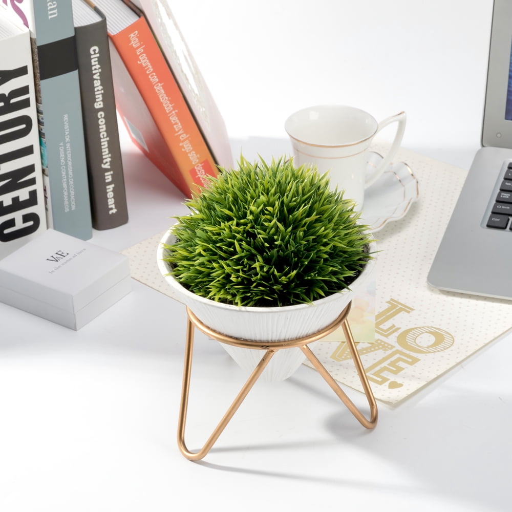 K-Cliffs Modern Design Artificial Plant,Faux Greeny Grass Potted in Conical Shape White Ceramic Pot with a Removable Galvanized Brass Metal Rack