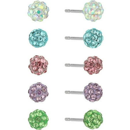 Pave Set Earrings - Crystal Pave Sterling Silver Fireball 5-Pair Button Earrings Multiples Set