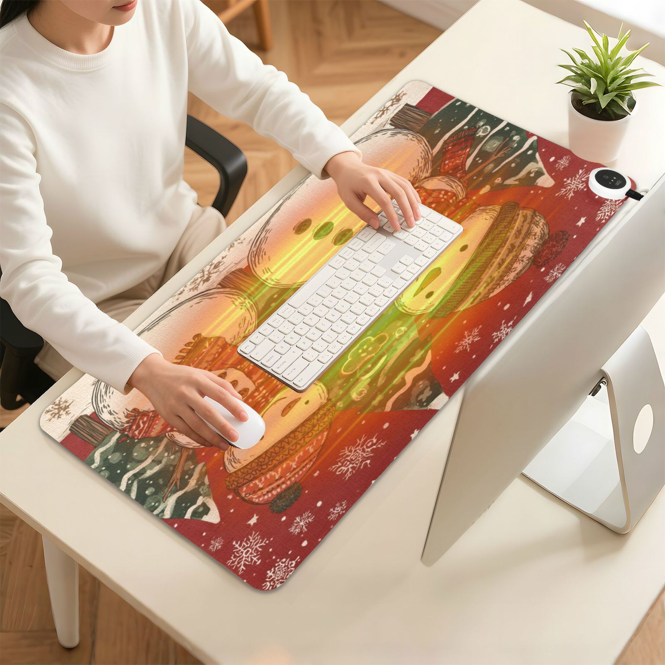 Wobogo Snowman Twins Heated Mouse Pad Extra-Large Desk Mat With 3 Heating Levels and 3-hour Auto Shut-Off Protection Ideal for Computer Keyboards Home Office Hand-warming Essential 31.5in × 13in