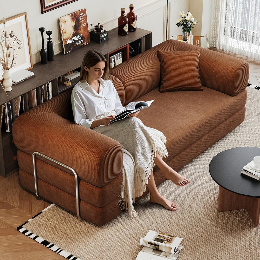Barara King 78.8" Convertible Sofa Bed, Comfy Futon Sleeper with Pillow Back Support, Armrest, Modular Sectional Design, Boneless Loveseats for Living Room, Bedroom, Corduroy, Brown