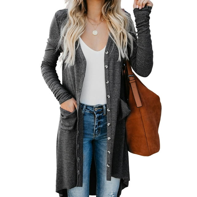 Women's Light Gray/Gray/Khaki/Apricot/Red Selected Button Down Pocketed High Low Cardigan