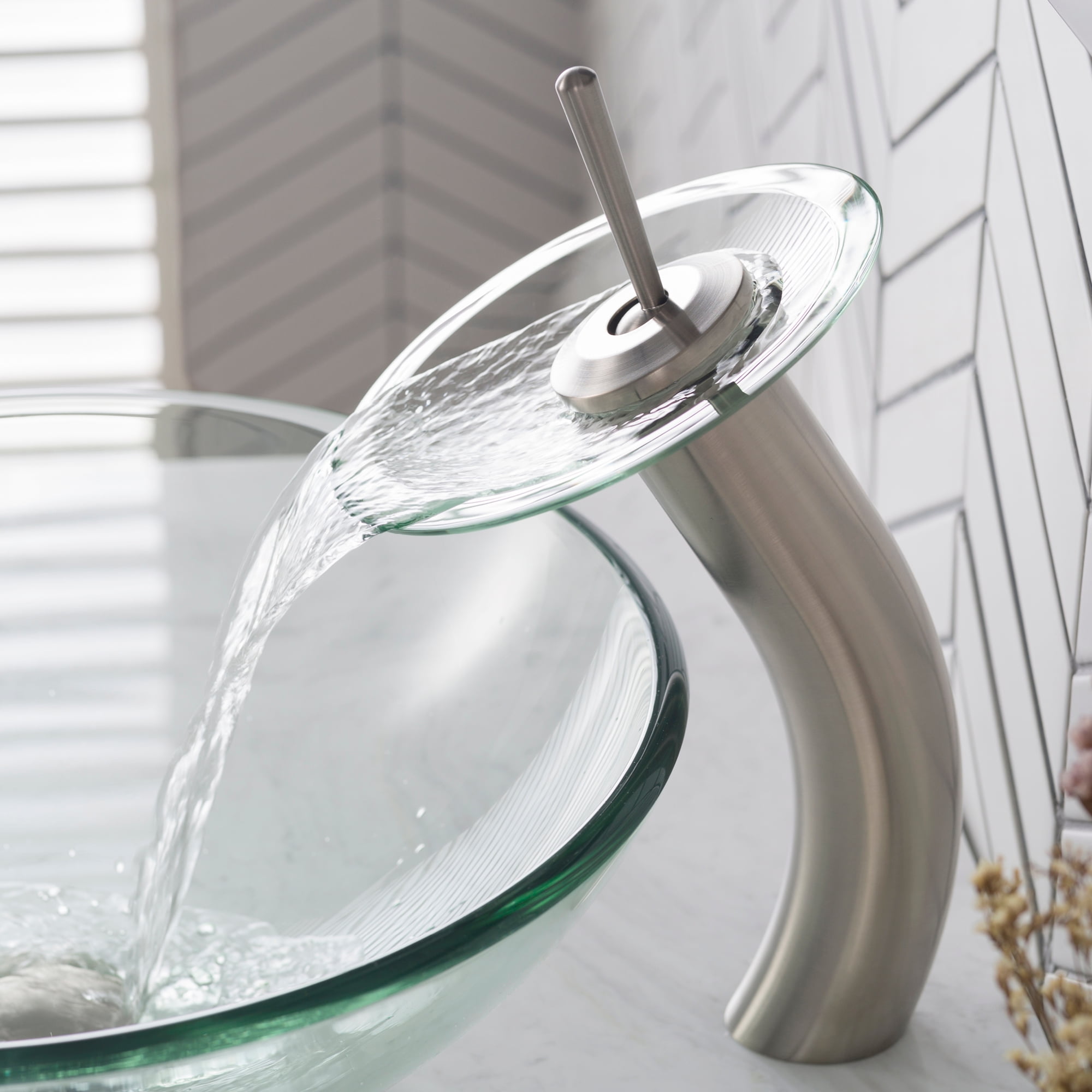 KRAUS Tall Waterfall Bathroom Faucet for Vessel Sink with Clear Glass Disk, Satin Nickel Finish