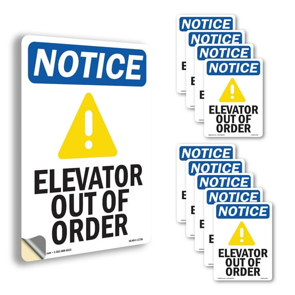 Elevator Out Of Order With Symbol OSHA Notice Vinyl Decal Label 5 Inch x 3.5 Inch - 10 Pack