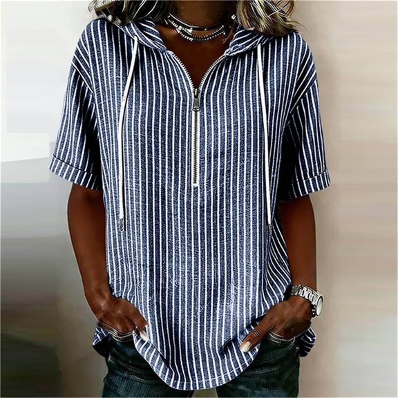 LEKWK Striped Casual Shirts for Women Hooded Short Sleeve Zipper Tunic Shirts Loose Fit Breathable Comfy Summer Tops Fashion Beach Vacation Daily Wear