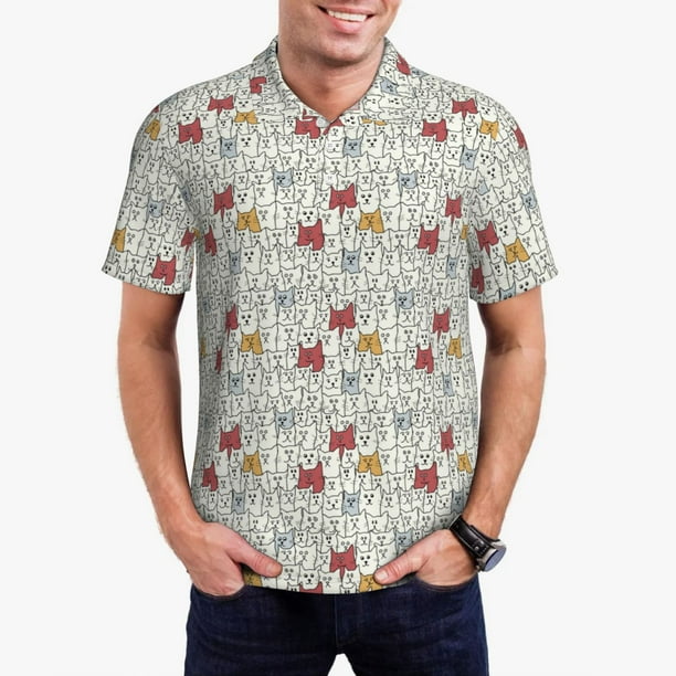 Balery Funny Cat White Camisa Polo de Hombre con Estampado, de Manga Corta y Tejido Medio, Camisa Tipo Golf Polo-XX-Large